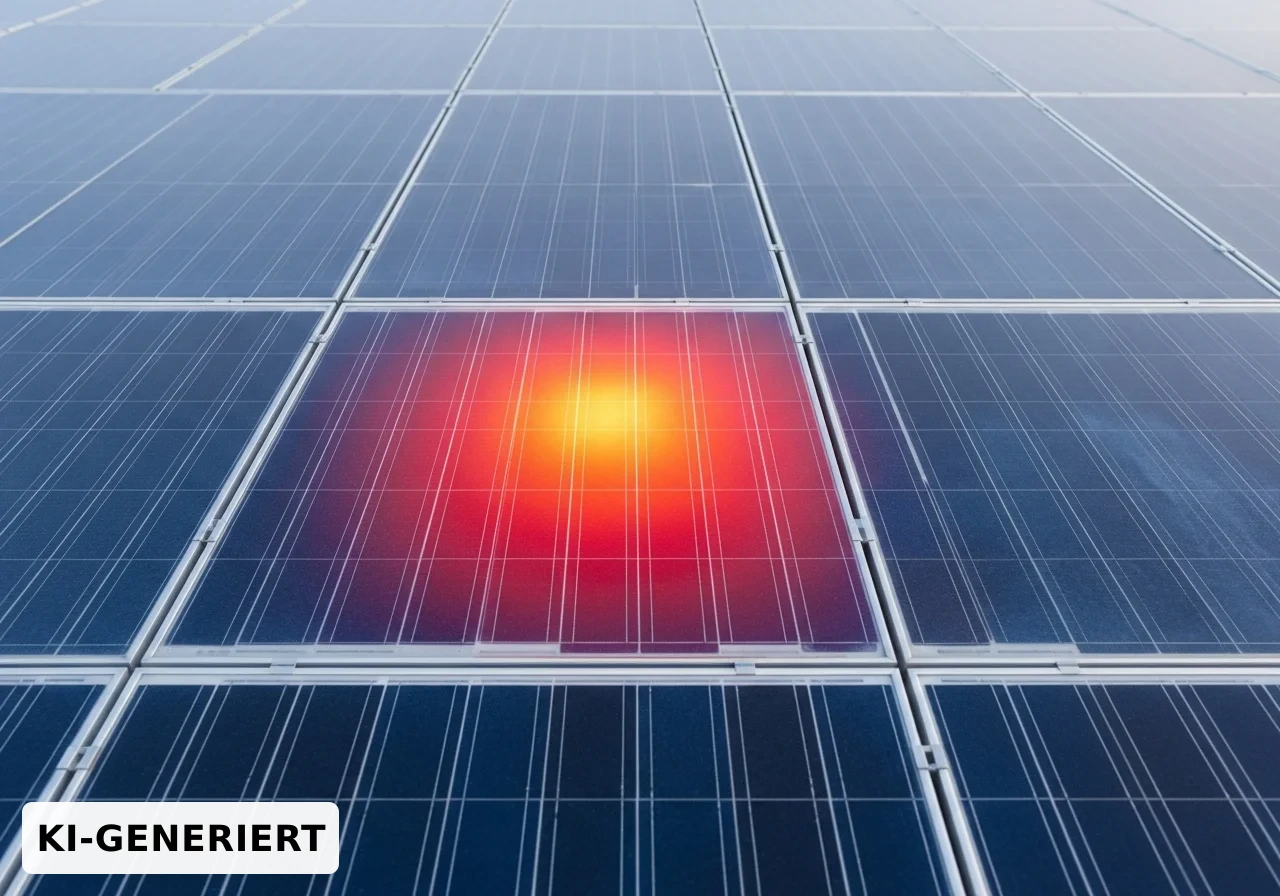 Thermografische Aufnahme einer Photovoltaikanlage mit markiertem Hotspot